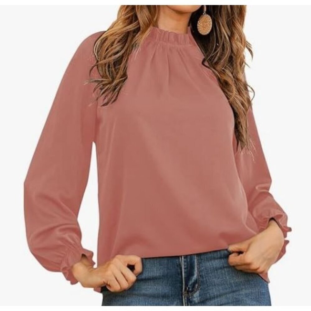 Zara Long Sleeve Frill Mock Neck Blouse Top Women Size Small Solid Color Casual